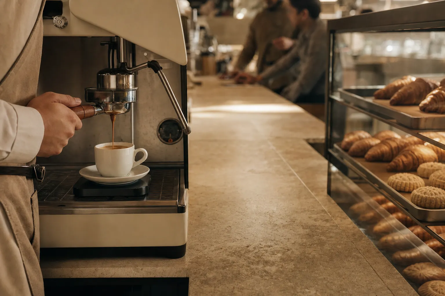 An espresso pours into a cup on a scale at a café counter.