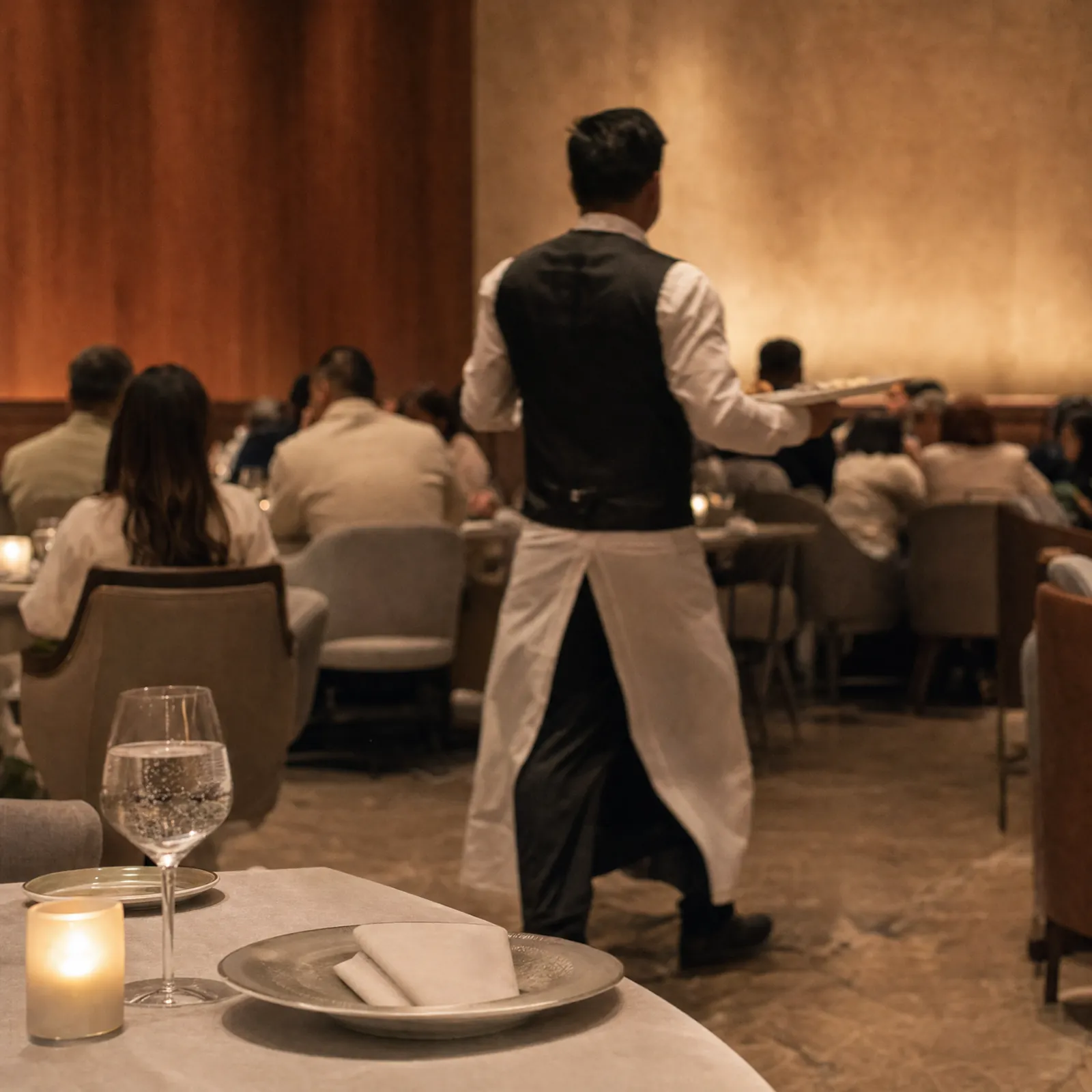 A server carries plates through a full dining room during evening service.