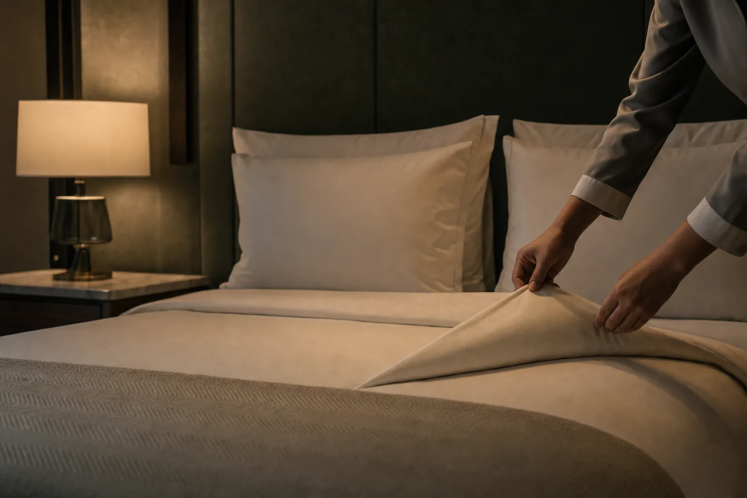 A housekeeper turns down the bed in a hotel guest room.