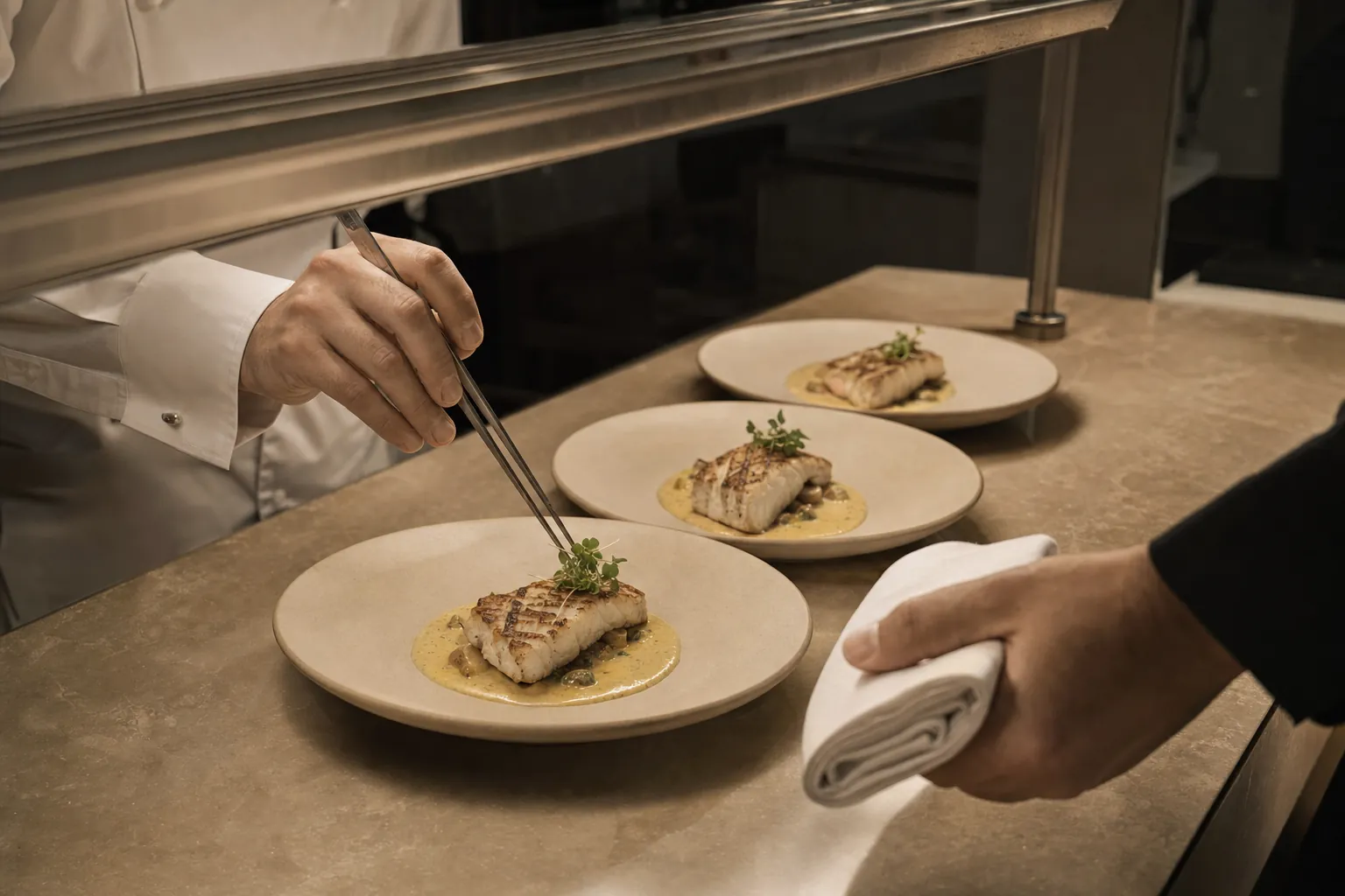 A chef garnishes plated fish at the pass during service.